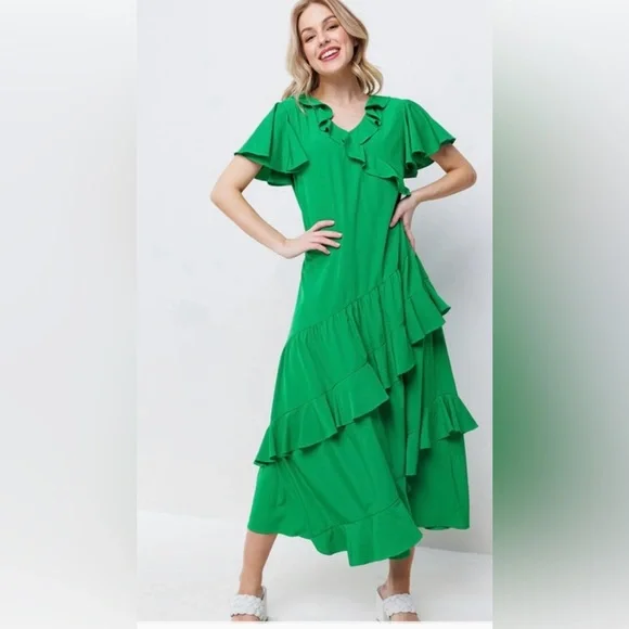 V-Neck Solid Ruffle Detail Midi Dress - Picture 2 of 8